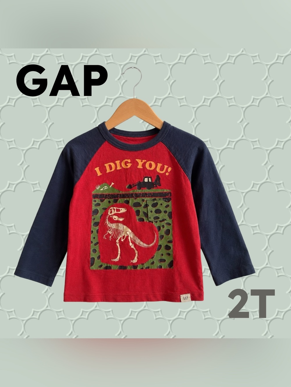 🇺🇸👍GUC GAP | 2T | Navy & Red Unisex Toddler Dinosaur Long Raglan Sleeve Tee
